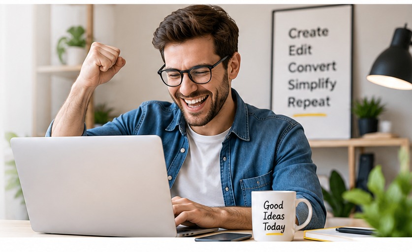 Persona felice al computer mentre usa strumenti creativi online